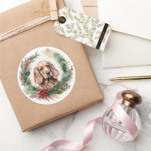 Sticker Rond Cocker Spaniel Noël Wreath Festive Pup (Cadeaux)