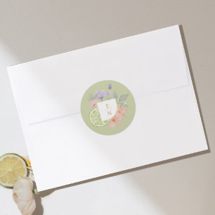 Sticker Rond Cocktail Aquarelle Citrus Mariage Floral Monogramm