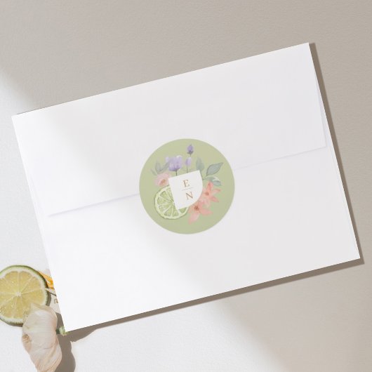 Sticker Rond Cocktail Aquarelle Citrus Mariage Floral Monogramm