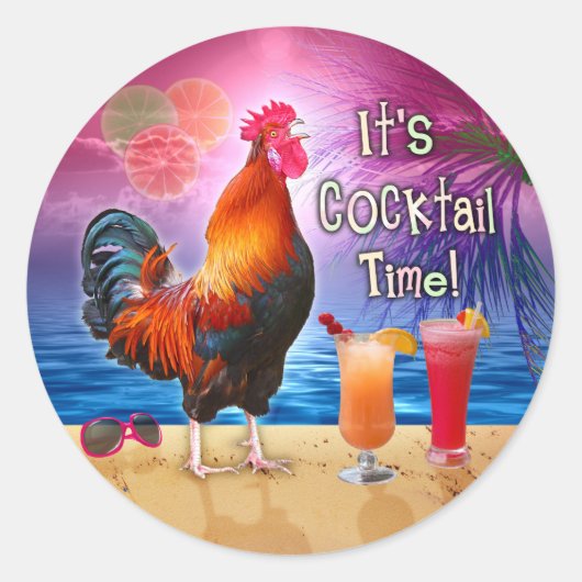Sticker Rond Cocktails Drôle de poulet au coq Tropical Beach Se (Devant)