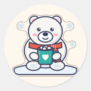 Sticker Rond Cocoa Cuddles Ours Polaire avec une Tasse de Cacao