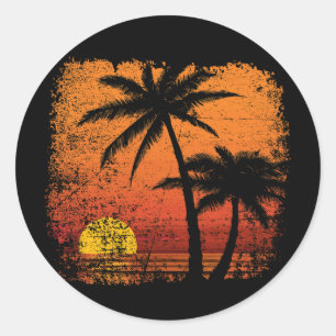 Sticker Rond Cocotier retro couché de soleil Vintage