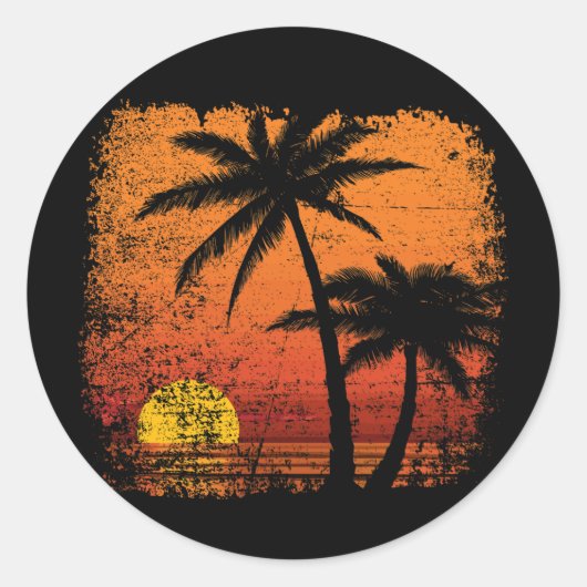 Sticker Rond Cocotier retro couché de soleil Vintage (Devant)