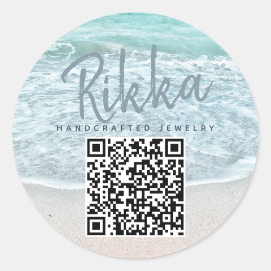 Sticker Rond Code QR de bijoux faits main de plage océan turquo (Devant)