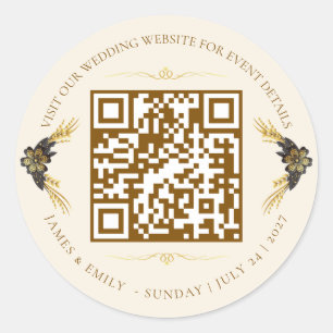 Sticker Rond Code QR de mariage élégant noir et or