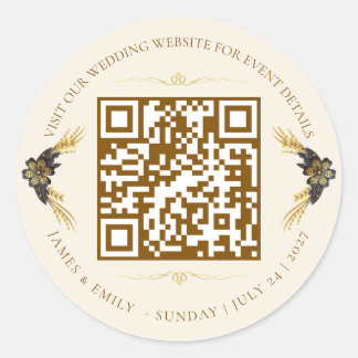 Sticker Rond Code QR de mariage élégant noir et or