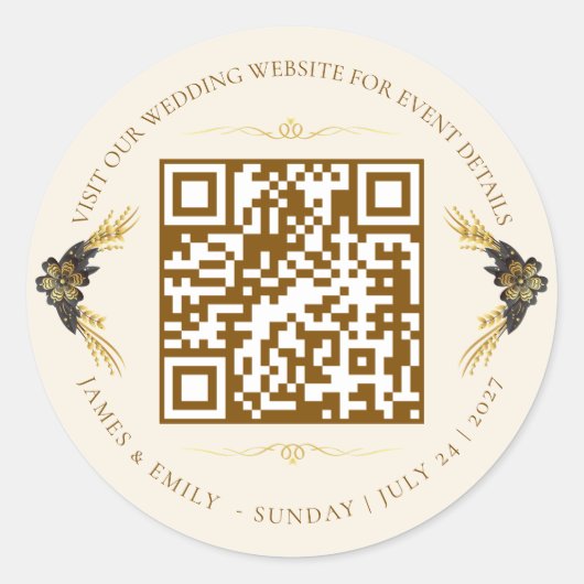 Sticker Rond Code QR de mariage élégant noir et or (Devant)
