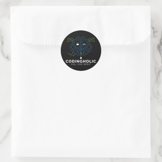 Sticker Rond Codingholic Tech Brain Programmeur Sombre (Sac)