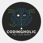 Sticker Rond Codingholic Tech Brain Programmeur Sombre (Devant)