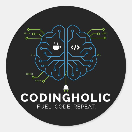 Sticker Rond Codingholic Tech Brain Programmeur Sombre (Devant)