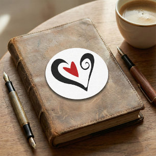 Sticker Rond Cœur Abstrait Rouge et Noir Moderne Romantique