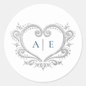 Sticker Rond Coeur argenté monogramme bleu texte sur mariage bl (Devant)