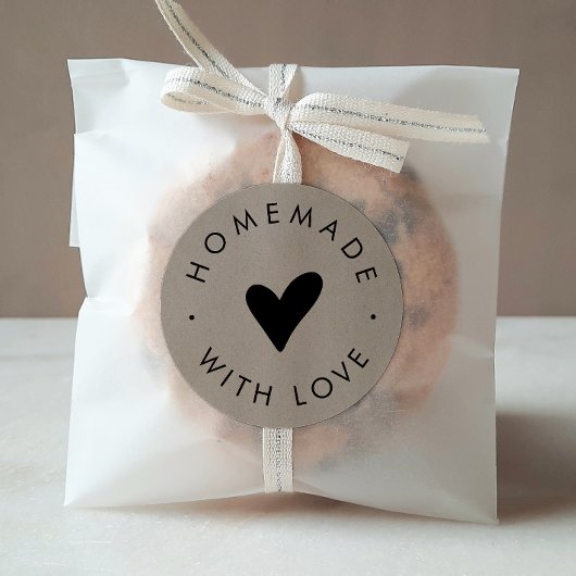 Sticker Rond Coeur Chic Faux Kraft Fait Maison Avec Amour