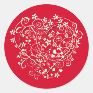 Sticker Rond Coeur d'amour avec des fleurs de crème sur rouge