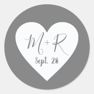 Sticker Rond coeur d'amour avec script initiales marié gris