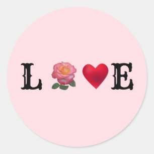 Sticker Rond Cœur d'amour et fleur de rose rose