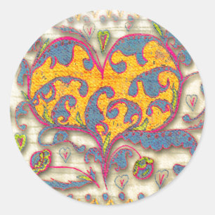 Sticker Rond Coeur d'art populaire avec feuilles et fleurs