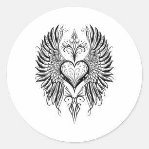 Sticker Rond Coeur de Jour Valentines Avec Ailes Tatouage Style