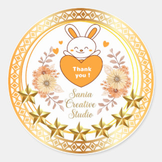 Sticker Rond Cœur de lapin mignon "Merci" Étoile dorée autocoll