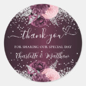 Sticker Rond Coeur des fleurs d'argent Bourgogne merci mariage (Devant)