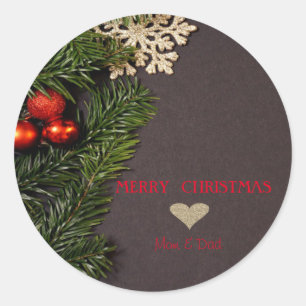 Sticker Rond Cœur doré de Noël élégant, Boules, Branches