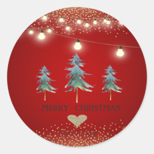 Sticker Rond Cœur doré, Sapins de Noël à l'aquarelle, Lumières