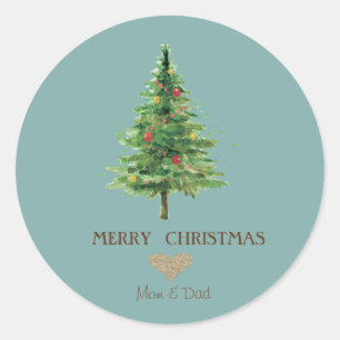 Sticker Rond Cœur en or élégant, arbre de Noël aquarelle