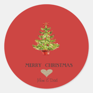 Sticker Rond Cœur en or élégant, arbre de Noël aquarelle
