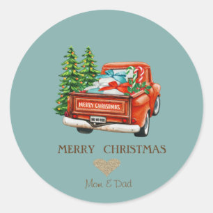 Sticker Rond Cœur en or élégant, camion rouge et sapin de Noël