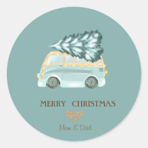 Sticker Rond Cœur en or, sapin de Noël au camion vert 
