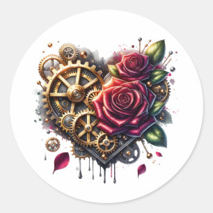 Sticker Rond Coeur et Roses Steampunk
