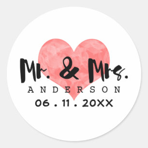 Sticker Rond Coeur étouffé M. & Mme Mariage Date