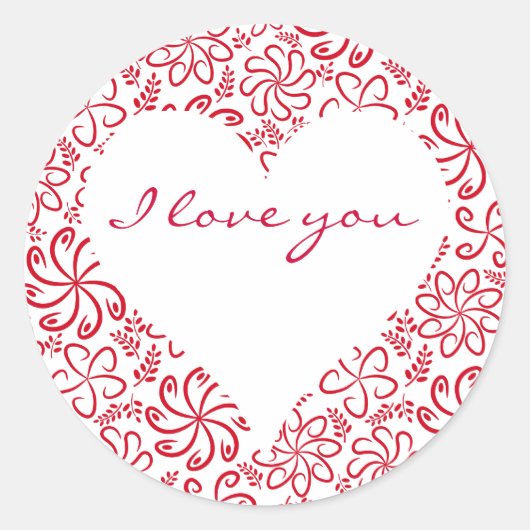 Sticker Rond Coeur floral en rouge blanc avec nom (Devant)