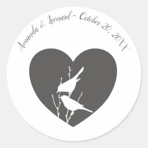 Sticker Rond Coeur gris, Oiseaux blancs Mariage Enveloppe Phoqu