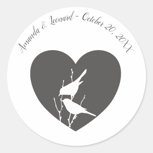 Sticker Rond Coeur gris, Oiseaux blancs Mariage Enveloppe Phoqu (Devant)