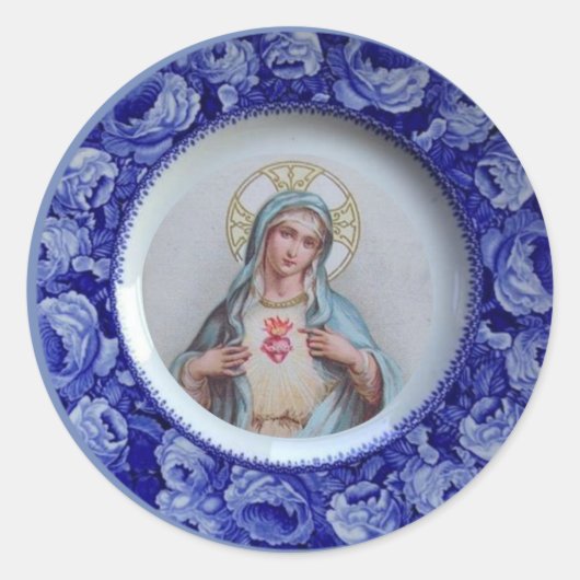 Sticker Rond Coeur immaculé de la Vierge Marie Roses Bleus (Devant)