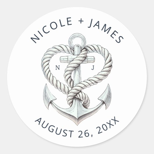 Sticker Rond Cœur Naútico Corde d'Ancre Mariage Côtier (Devant)