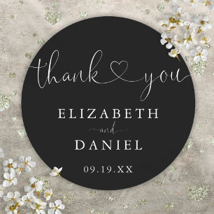 Sticker Rond Cœur noir et blanc Script Merci Cadeau de mariage