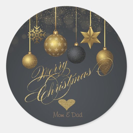 Sticker Rond Coeur or élégant, boules de Noël foncé (Devant)