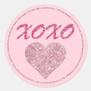 Sticker Rond Cœur Pailleté Rose XOXO Mignon Saint-Valentin