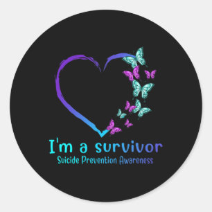 Sticker Rond Coeur papillon Je suis un survivant Prévention du