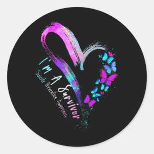Sticker Rond Coeur papillon Je suis un survivant Prévention du