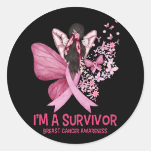 Sticker Rond Coeur papillon rose Je suis un survivant Cancer du