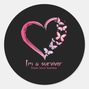 Sticker Rond Coeur papillon rose Je suis un survivant Cancer du