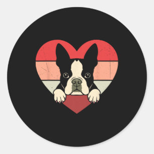 Sticker Rond Cœur Rétro Terrier de Boston Chien Vintage Saint-V
