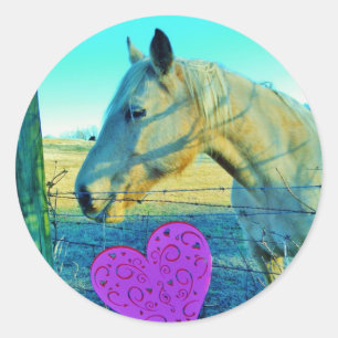 Sticker Rond Coeur rose et Cheval jaune