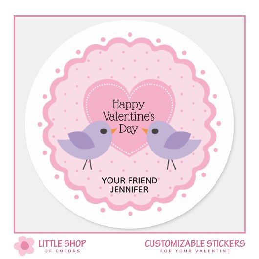 Sticker Rond Coeur rose et oiseaux Saint-Valentin