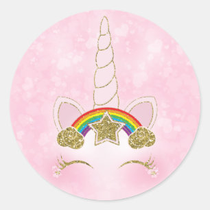 Sticker Rond Cœur Rose Étoile Arc-en-Ciel Doré Corne de Licorne