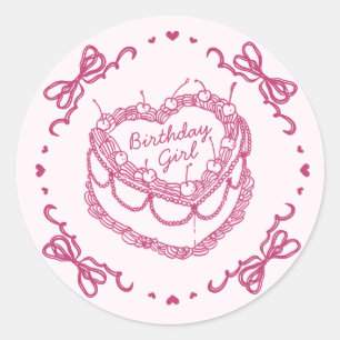 Sticker Rond Coeur rose rétro Coquette gâteau cerise Anniversai