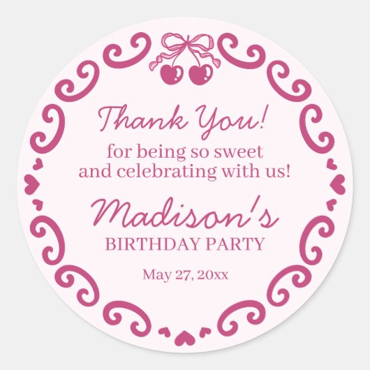 Sticker Rond Coeur rose rétro Coquette gâteau cerise Anniversai (Devant)